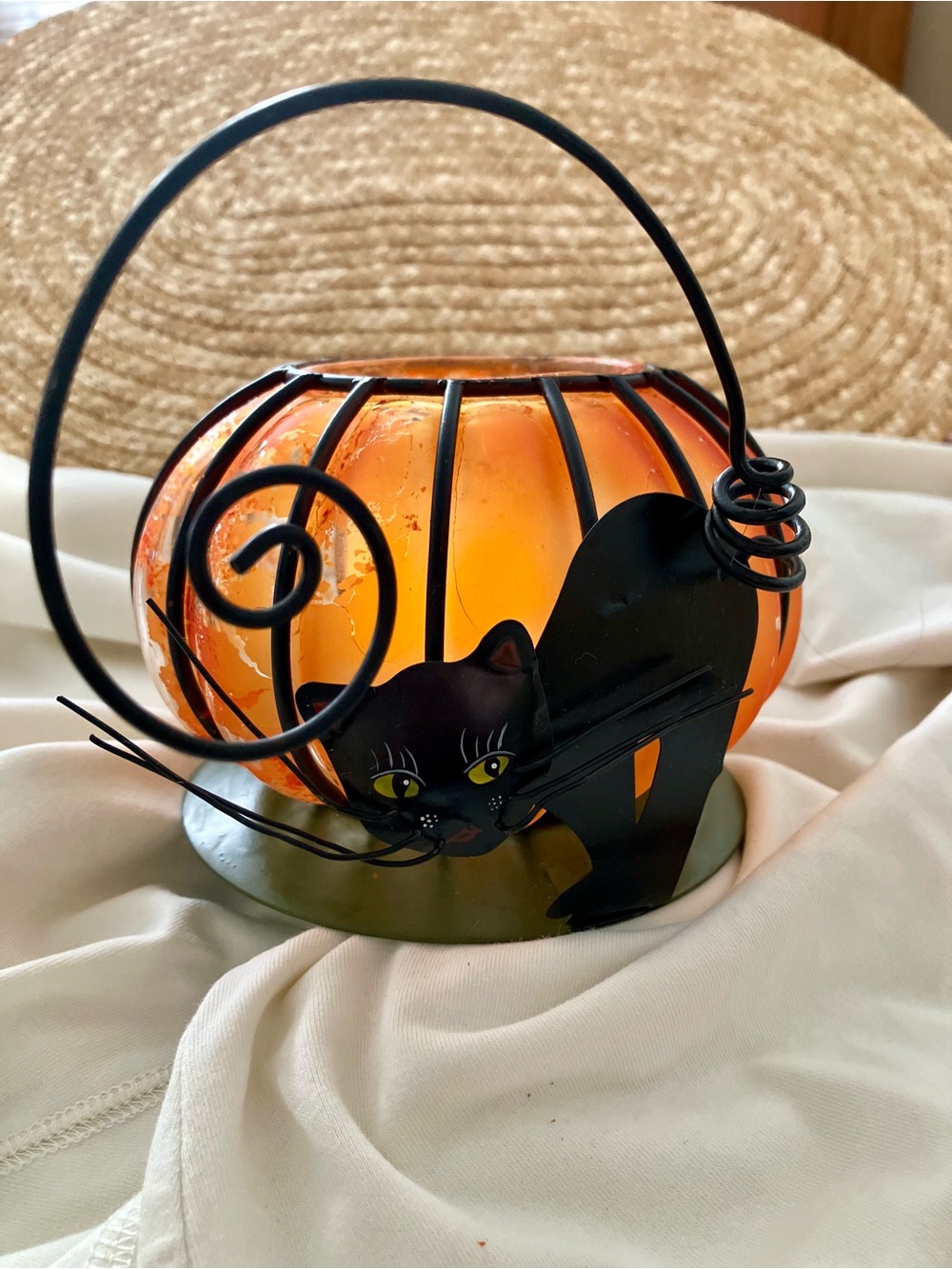 Department 56 Orange Glass Pumpkin Lantern with Black Cat Accent -Vintage